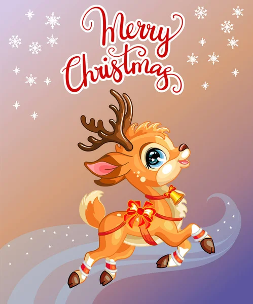 Bunte Weihnachtskarte mit niedlichem Hirsch und Schriftzug — Stockvektor