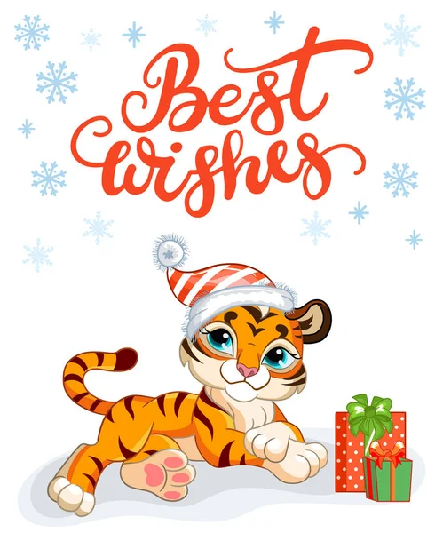 Christmas card with cute tiger and lettering — Stock Vector