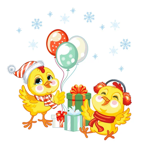 Two Cute Cartoon Chicken Characters Christmas Hats Presents Balloons Vector — Stock Vector