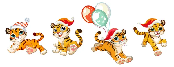 Tigres Giros Chapéus Natal Personagens Tigre Dos Desenhos Animados Ilustração — Vetor de Stock