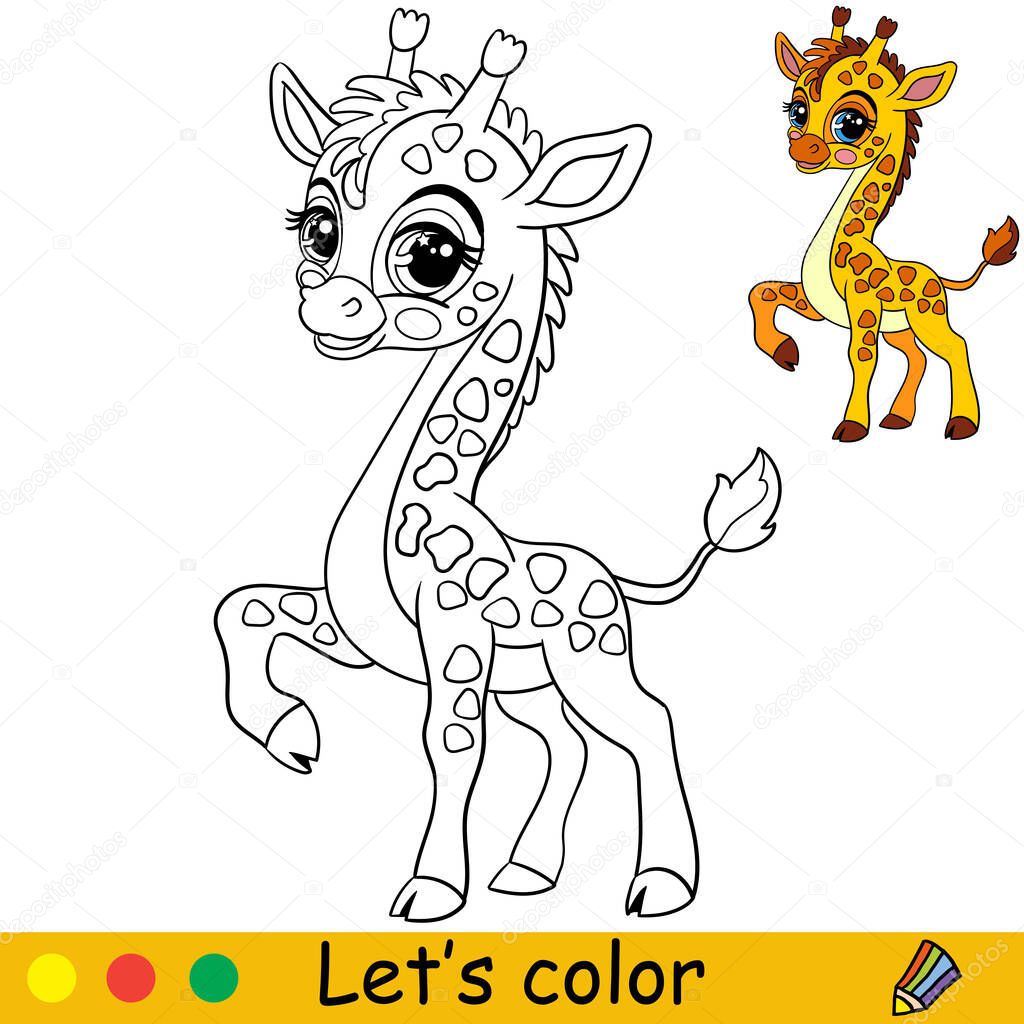 Cute and happy baby giraffe. Coloring book page with colorful template for kids. Vector cartoon isolated illustration. For print, game, education, party, design,decor