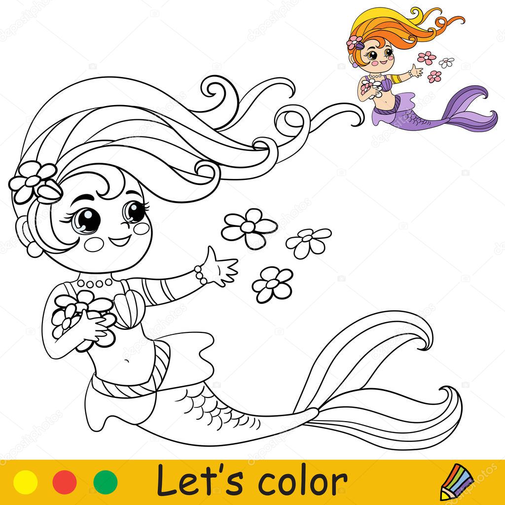 Cute cartoon mermaid swimming with flowers. Coloring page and colorful template for preschool and school kids education. Vector illustration. For design, t shirt print, icon,label, patch or sticker.