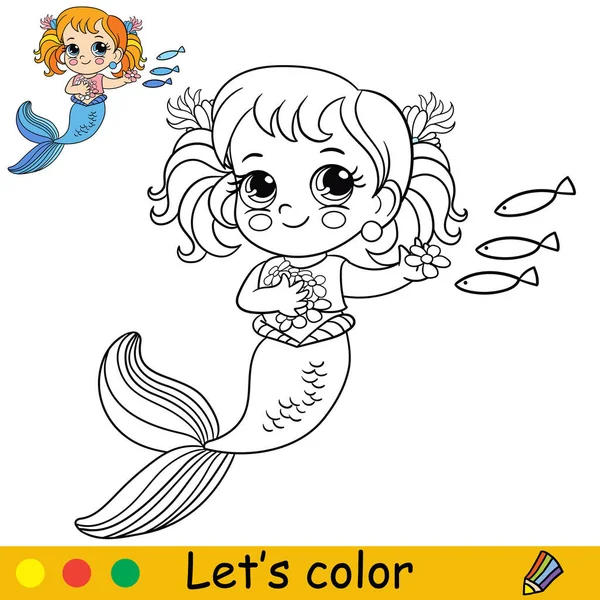 Linda Sirena Dibujos Animados Alimenta Los Peces Página Para Colorear — Vector de stock