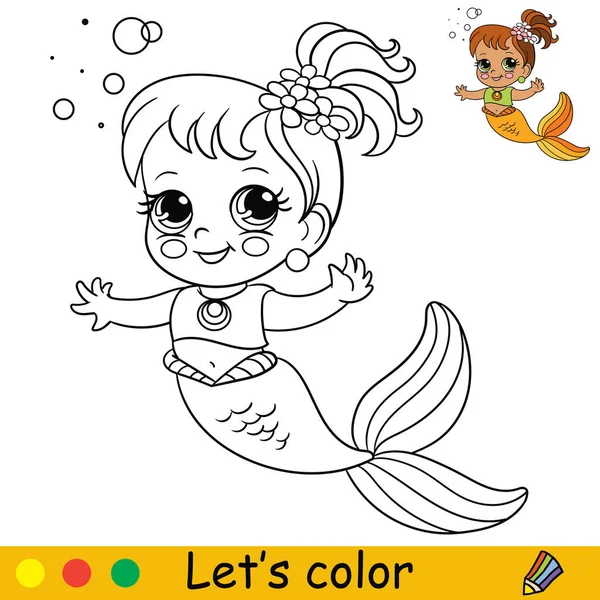 Linda Sirena Dibujos Animados Con Burbujas Página Para Colorear Plantilla — Vector de stock