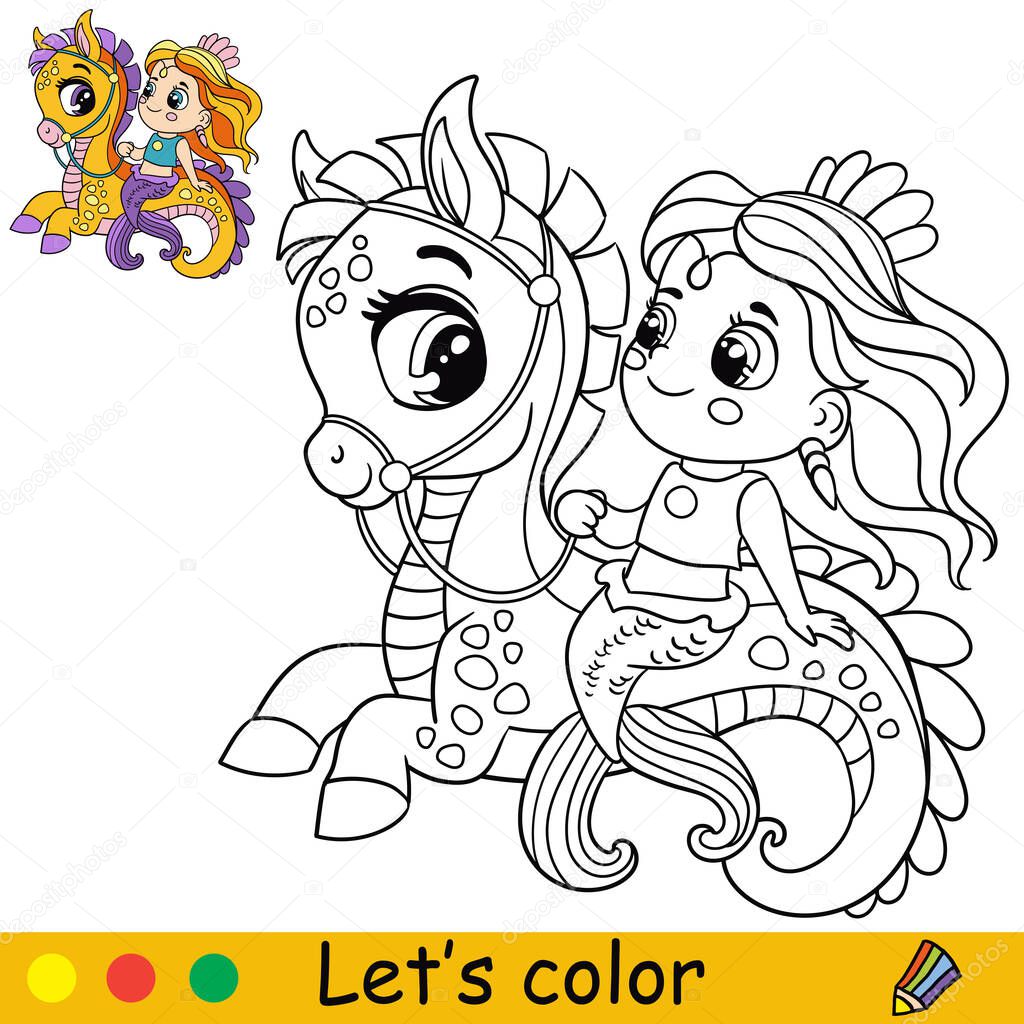 Cute little mermaid riding a seahorse. Coloring page and colorful template for preschool and school kids education. Vector illustration. For design, t shirt print, icon, logo, label, patch or sticker