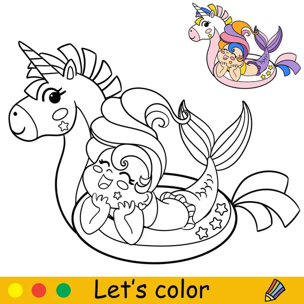 Linda Sirena Kawaii Riendo Círculo Inflable Unicornio Página Para Colorear — Vector de stock