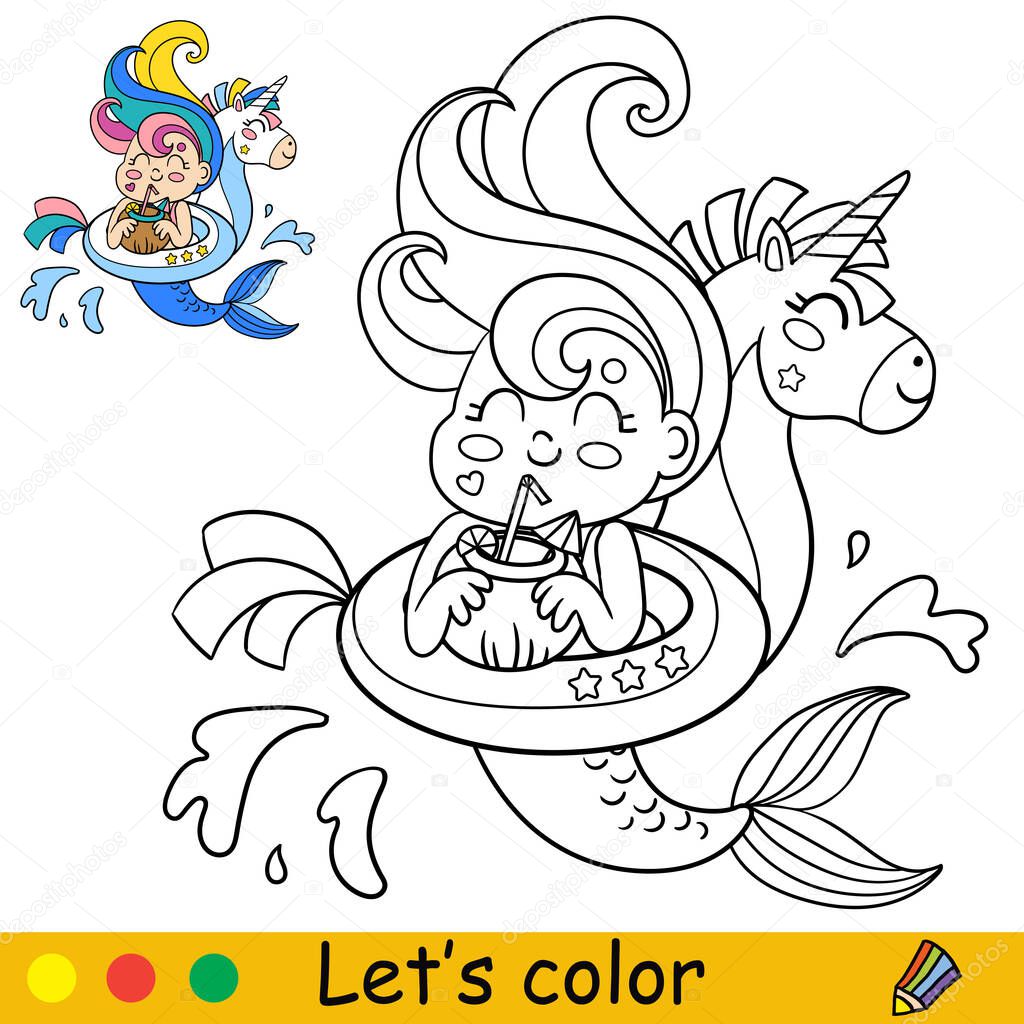 Cute kawaii mermaid in inflatable circle unicorn drinking a cocktail. Coloring page and colorful template for kids education. Vector illustration. For design, t shirt print, icon, patch or sticker.