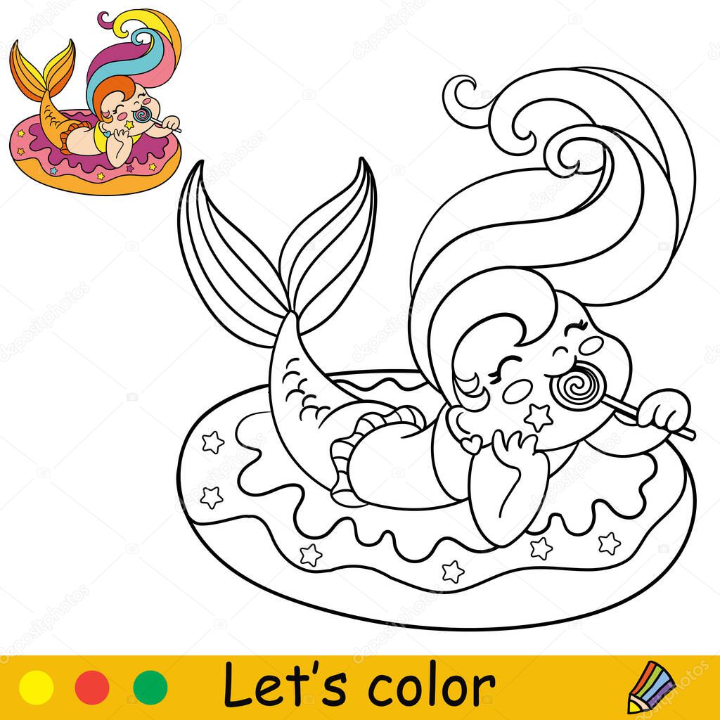 Cute kawaii mermaid in inflatable circle eats a lollypop. Coloring page and colorful template for kids education. Vector illustration. For design, t shirt print, icon, patch or sticker.