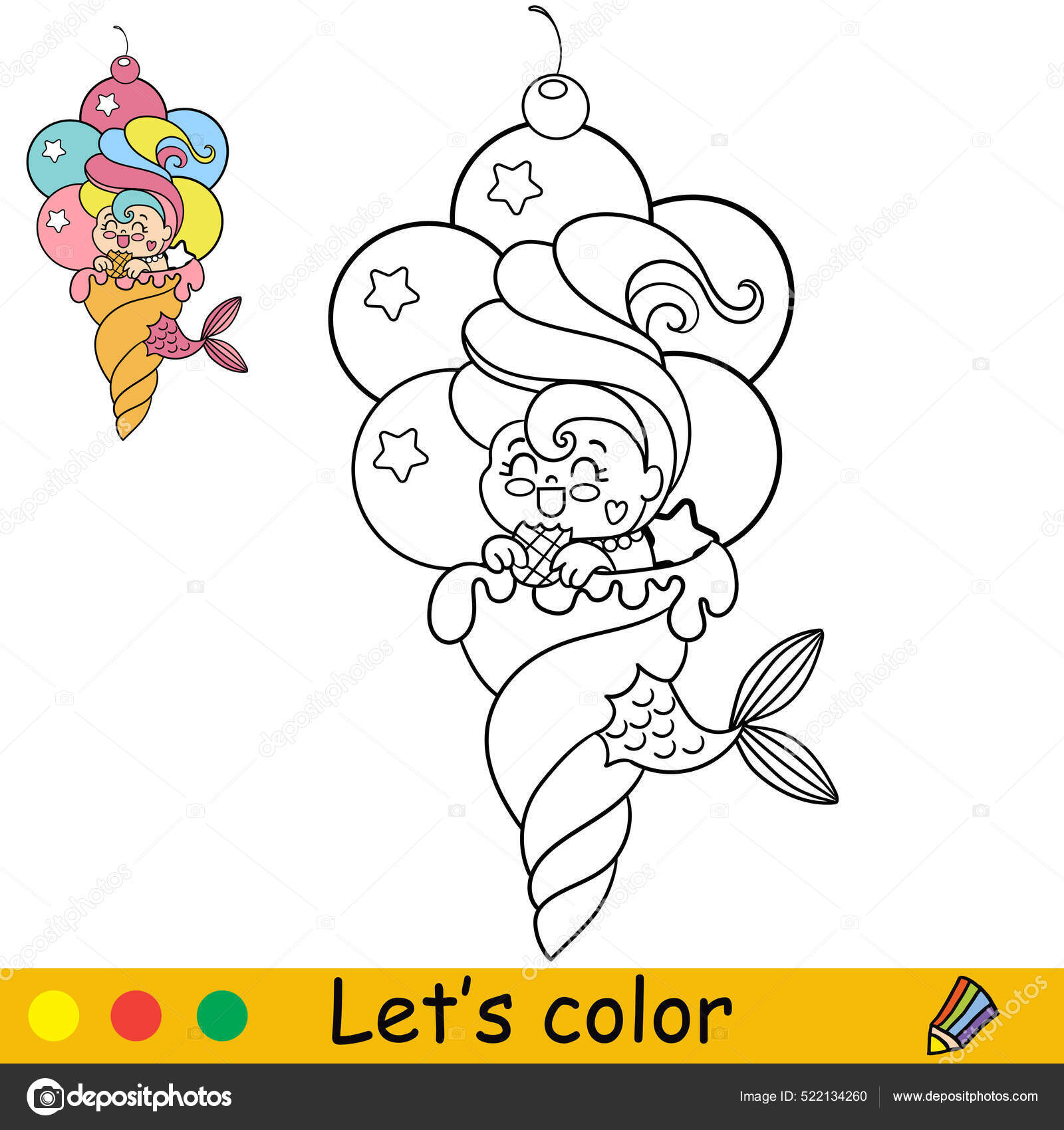 Página para colorir de sorvete kawaii para crianças, ilustração em vetor  desenho animado