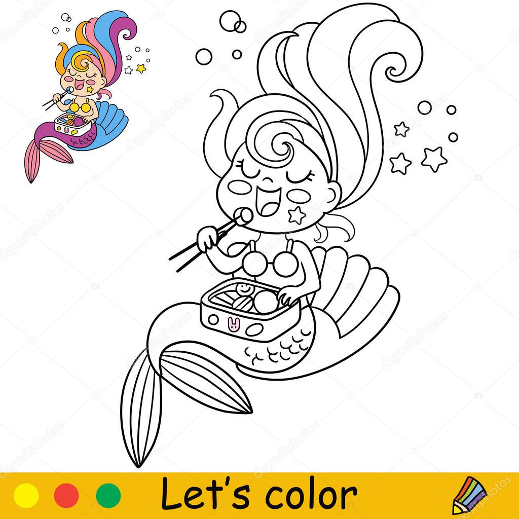 Cute kawaii mermaid sitting in a seashell and eating sushi. Coloring page and colorful template for kids education. Vector illustration. For design, t shirt print, icon, patch or sticker.