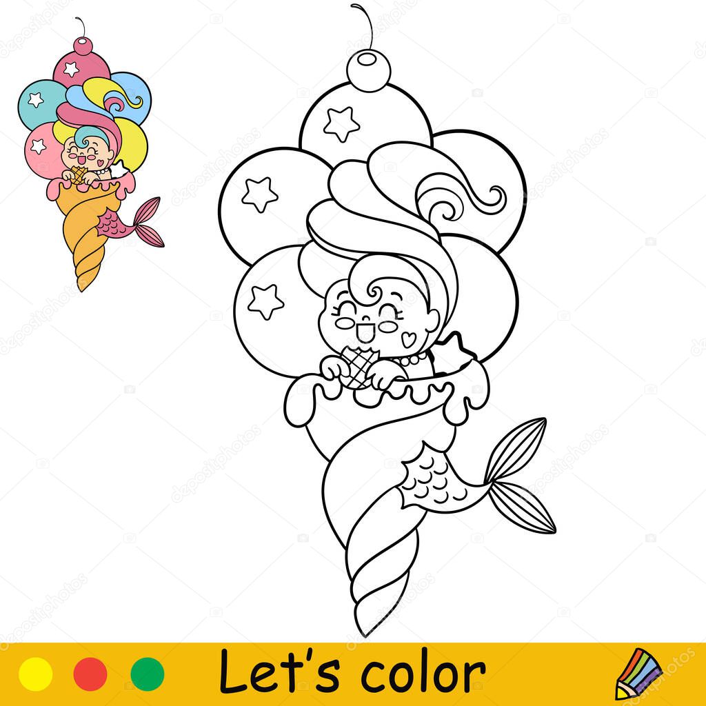 Kawaii little mermaid is sitting in a big ice cream cone and eating a waffle. Coloring page and colorful template for kids education. Vector illustration. For design, t shirt print, patch or sticker.