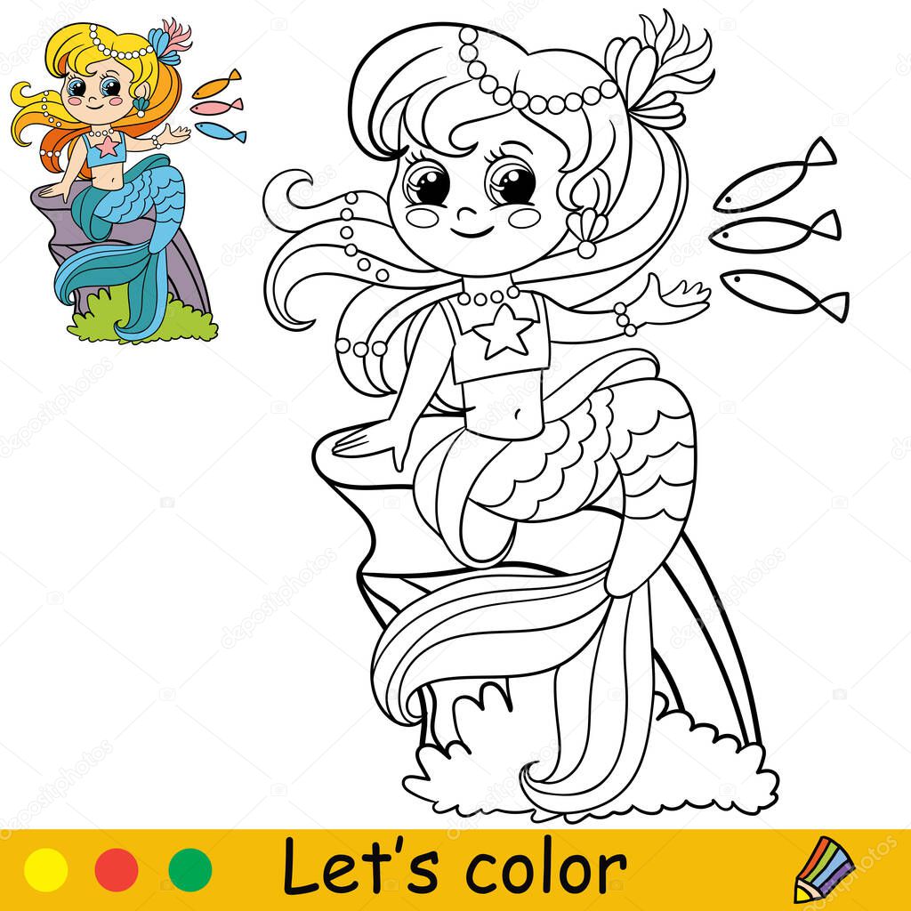 Cute cartoon mermaid feeds fishes. Coloring page and colorful template for preschool and school kids education. Vector illustration. For design, t shirt print, icon, logo, label, patch or sticker.
