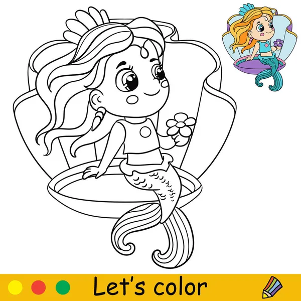 Carino Cartone Animato Principessa Sirena Seduto Nella Conchiglia Disegno Colorare — Vettoriale Stock