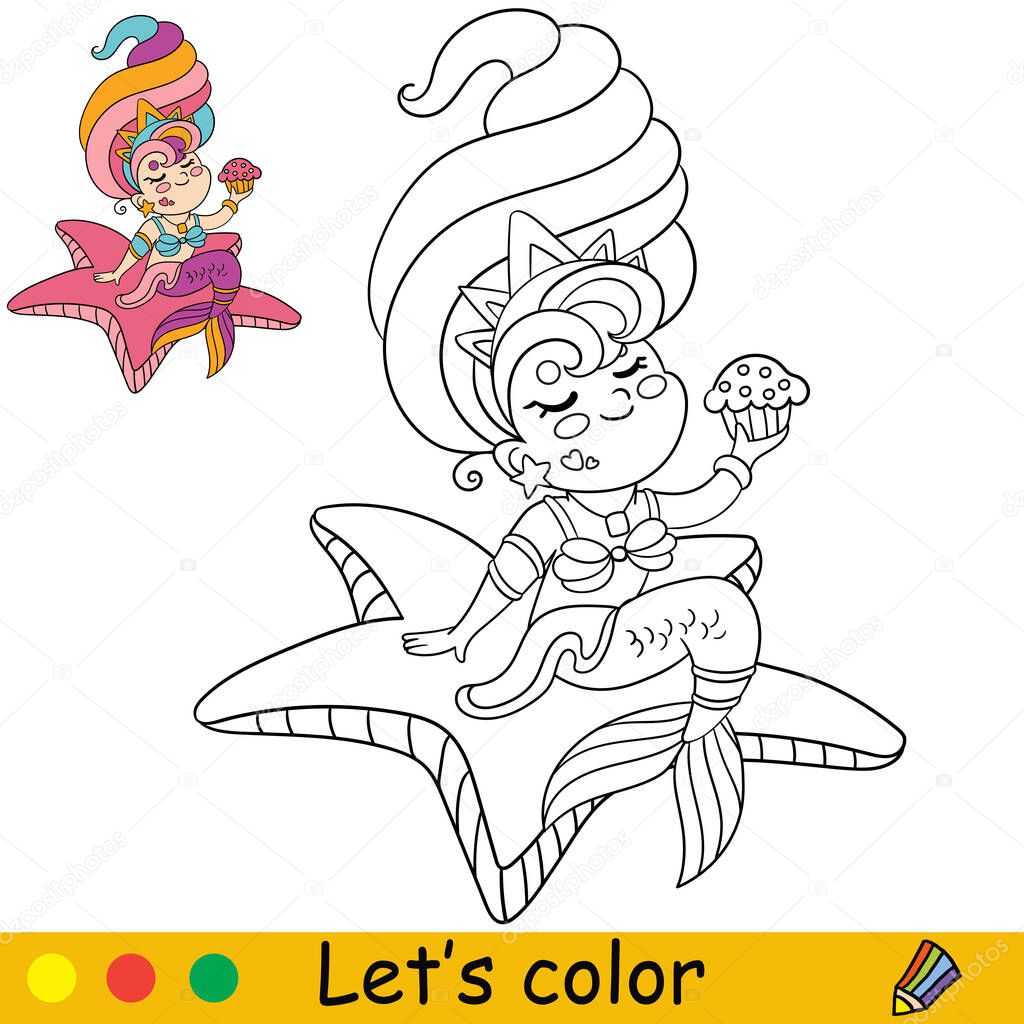 Cute kawaii mermaid sitting on a starfish and eats cupcake. Coloring page and colorful template for kids education. Vector illustration. For design, t shirt print, icon, logo, patch or sticker.
