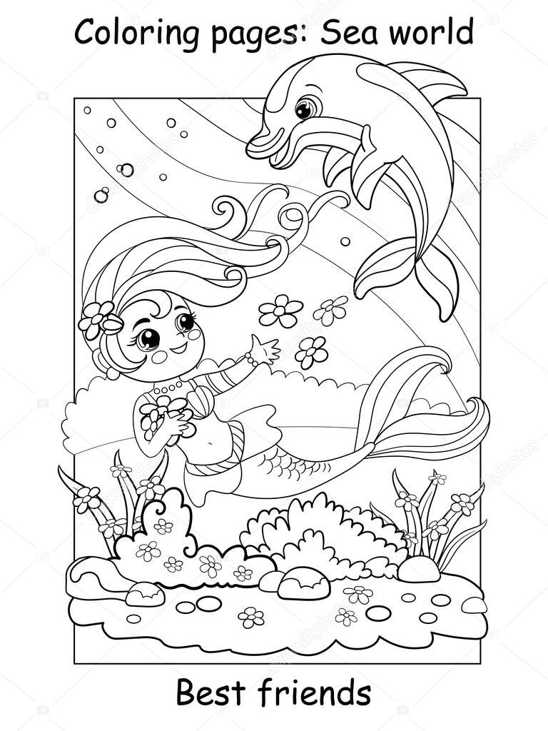 Beauty cute mermaid swims with a dolphin. Coloring book page for children. Vector cartoon illustration isolated on white background. For coloring book, education, print, game, decor, puzzle, design