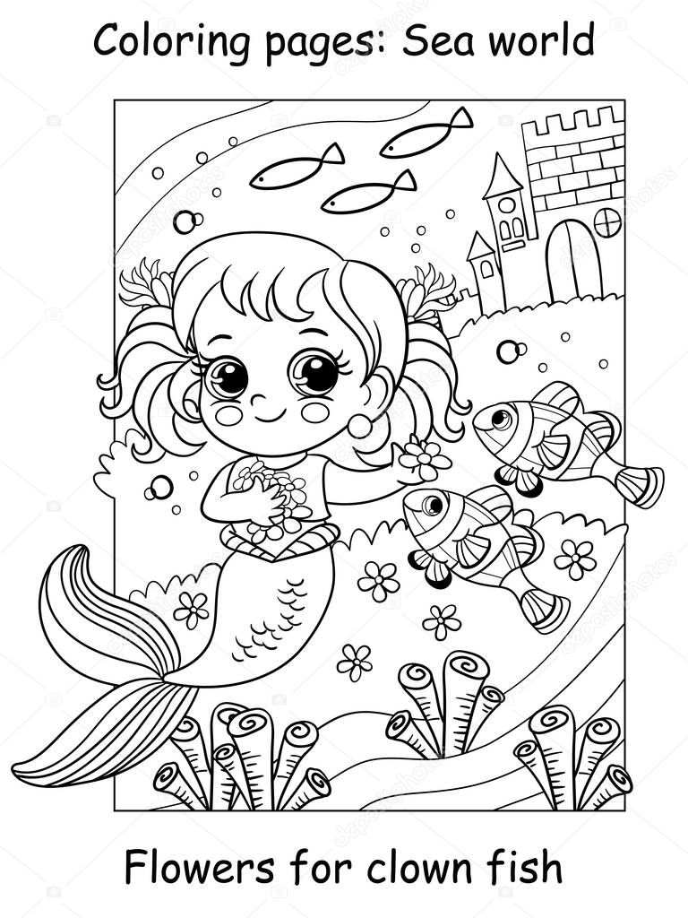 Beauty cute mermaid plays with clown fishes. Coloring book page for children. Vector cartoon illustration isolated on white background. For coloring book, education, print, game, decor, puzzle, design