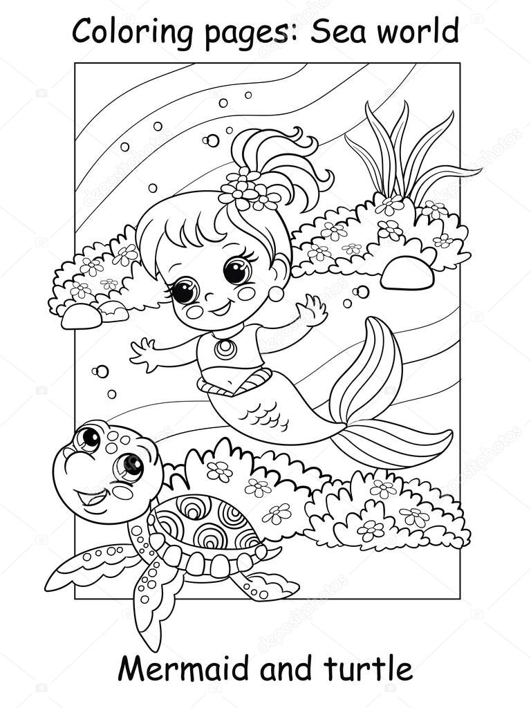 Cute baby mermaid swims with a turtle. Coloring book page for children. Vector cartoon illustration isolated on white background. For coloring book, education, print, game, decor, puzzle, design