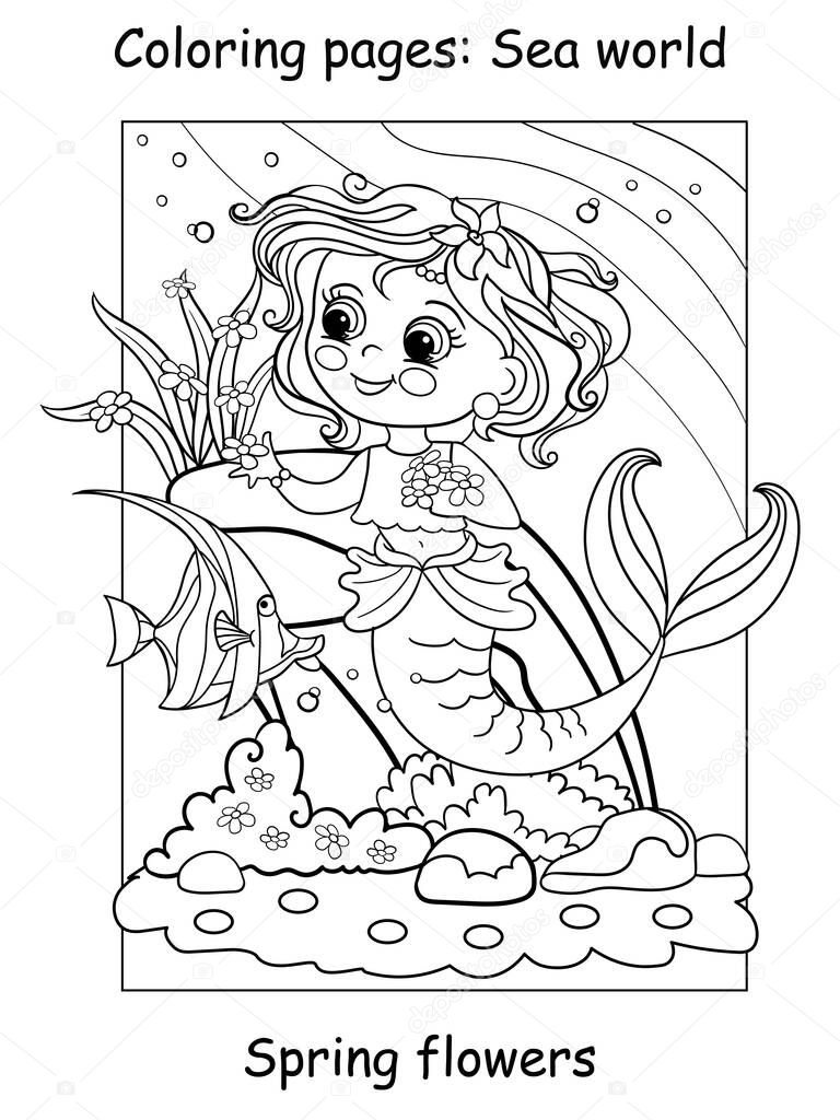 Beauty cute mermaid swims with a fish. Coloring book page for children. Vector cartoon illustration isolated on white background. For coloring book, education, print, game, decor, puzzle, design