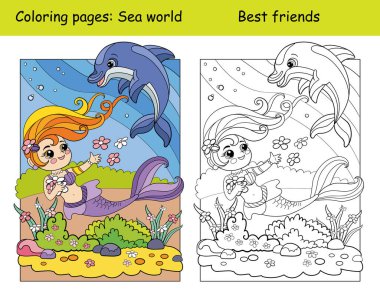Coloring and color cute mermaid swims with a dolphin clipart