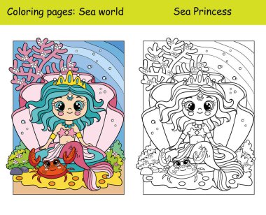 Coloring and color cute mermaid in a seashell and crab clipart