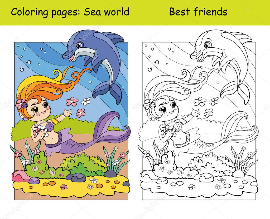 Coloring and color cute mermaid swims with a dolphin