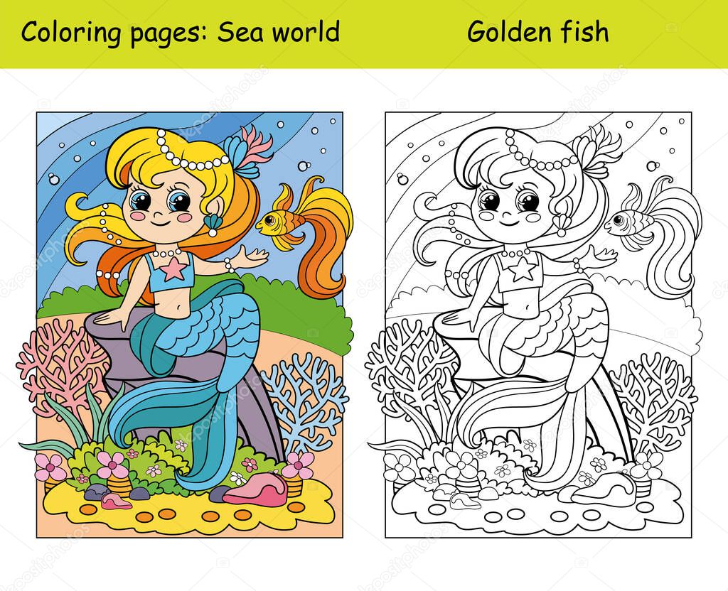 Coloring and color cute mermaid with golden fish