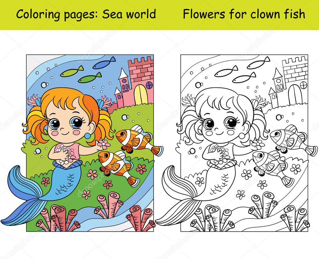 Coloring and color cute mermaid plays with clown fishes