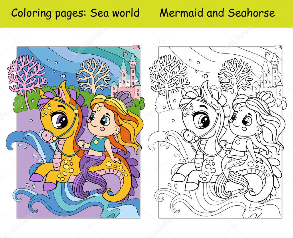 Coloring and color cute mermaid rides a seahorse