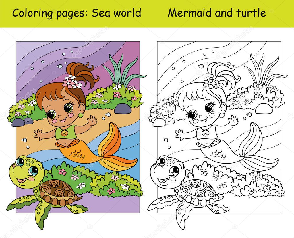Coloring and color cute baby mermaid swims with a turtle