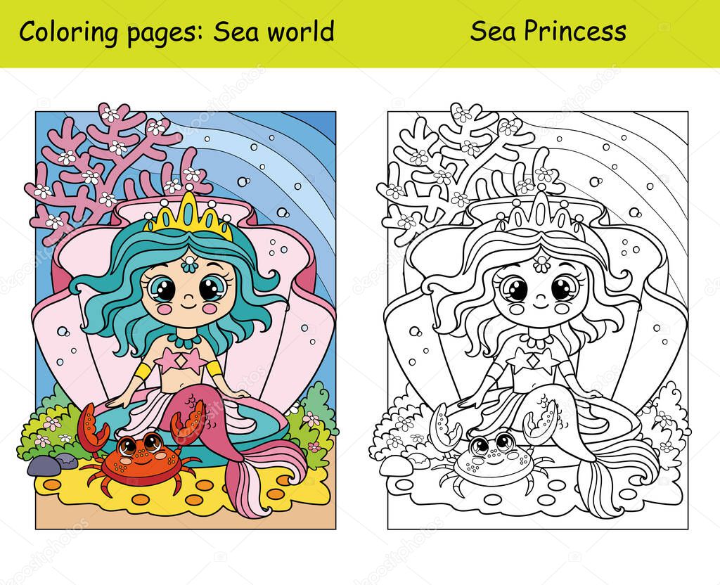 Coloring and color cute mermaid in a seashell and crab