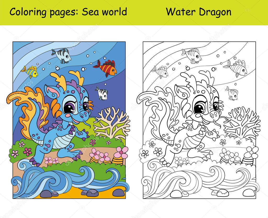 Coloring and color cute baby dragon swims with a fish