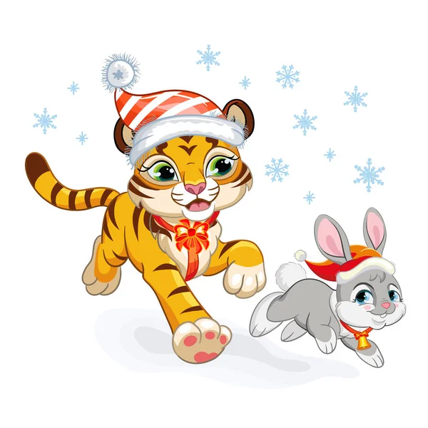 Cute Tiger Christmas Hat Runs Rabbit Cartoon Tiger Bunny Characters — Stock Vector