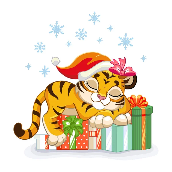 Cute Tiger Christmas Hat Sleeps Gifts Cartoon Tiger Character Vector — Stock Vector