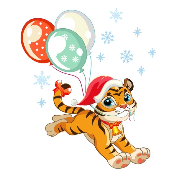 Cute Tiger Christmas Hat Runs Balloons Cartoon Tiger Character Vector — Stock Vector