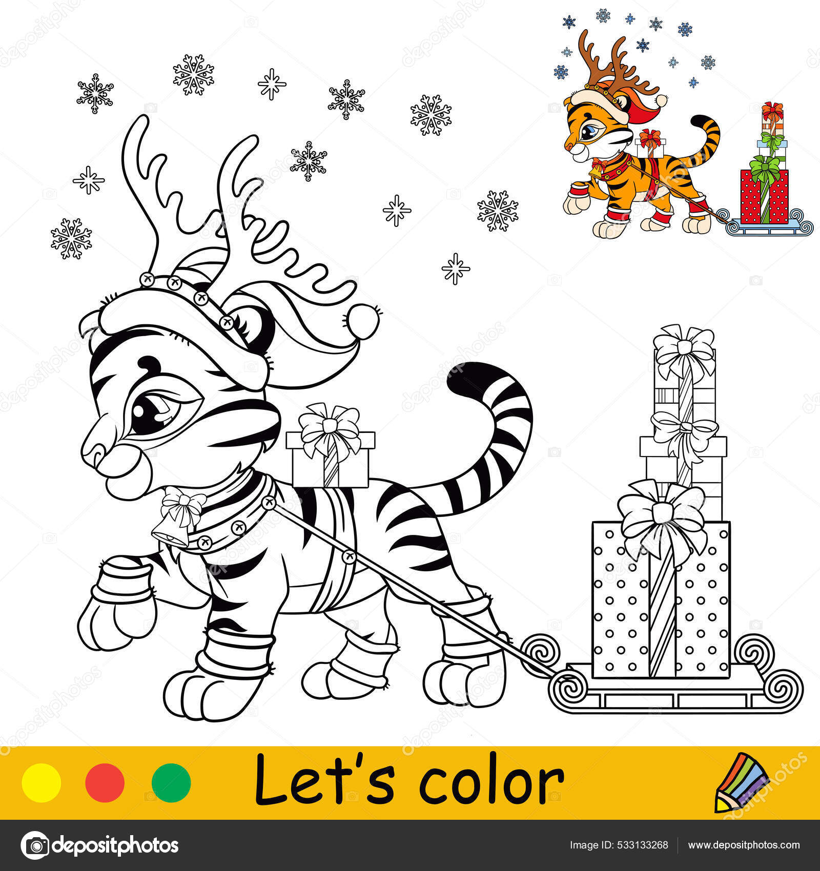 Desenho para colorir com tigre bonito, árvore de Natal e papagaio