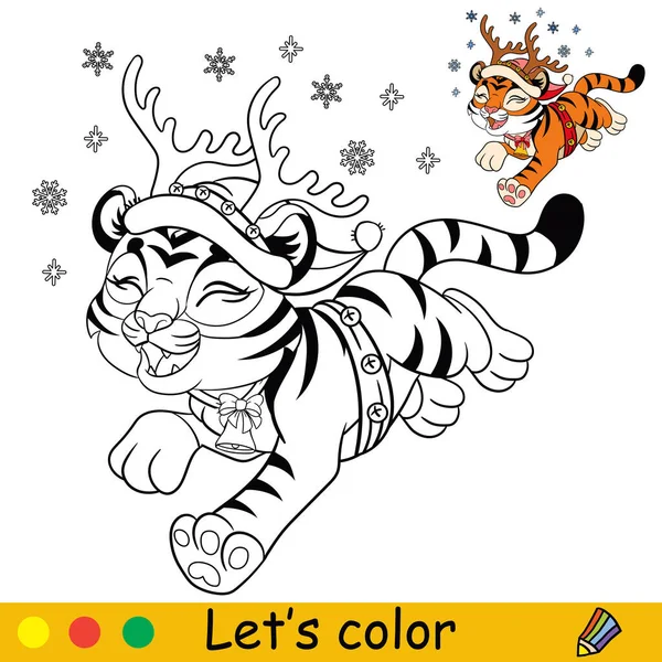 Lindo Tigre Navidad Con Cuernos Ciervo Página Para Colorear Libro — Archivo Imágenes Vectoriales