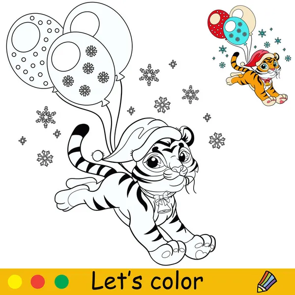 Милий Тигр Різдвяному Капелюсі Біжить Повітряними Кульками Мультиплікаційний Персонаж Тигра — стоковий вектор
