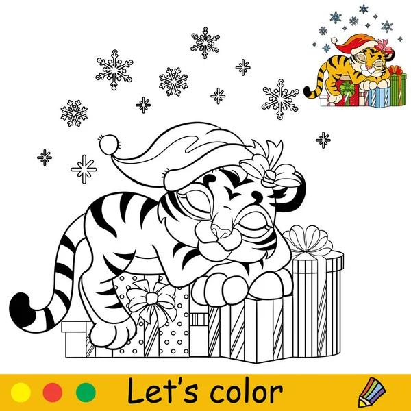 Színező Oldal Aranyos Tigris Kölyök Alszik Karácsonyi Ajándékokat Rajzfilmfigura Színes — Stock Vector