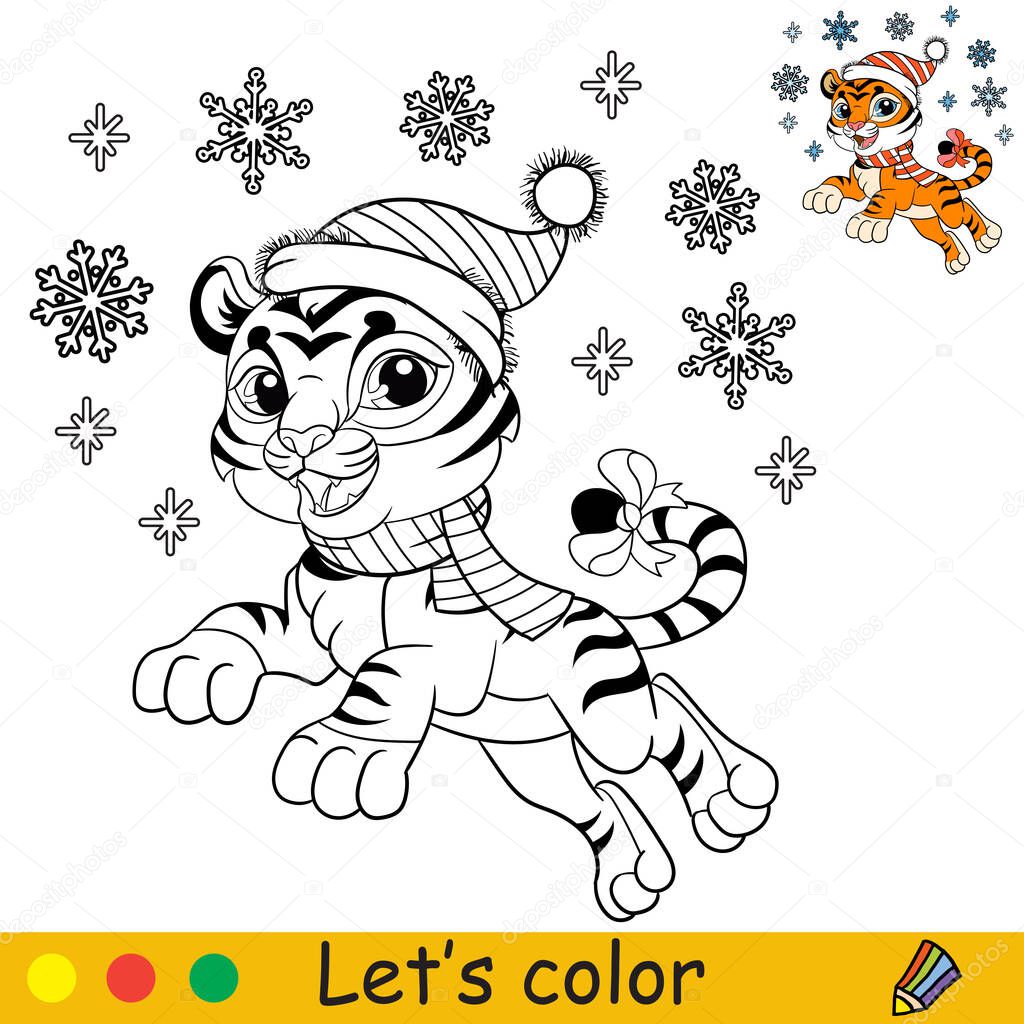 Cute happy jumping tiger cub in Christmas hat. Coloring book page for children with colored exemple. Vector cartoon illustration. For coloring book, education, print, game, decor, puzzle,design