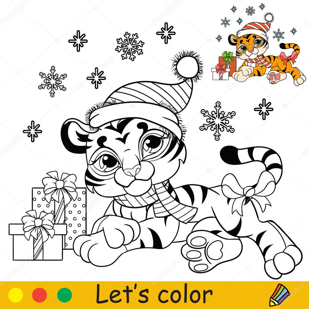 Coloring page with cute tiger cub, Christmas presents and snowflakes. Cartoon character. Coloring book with colored exemple. Outline vector illustration. For education, print, game, decor, puzzle.