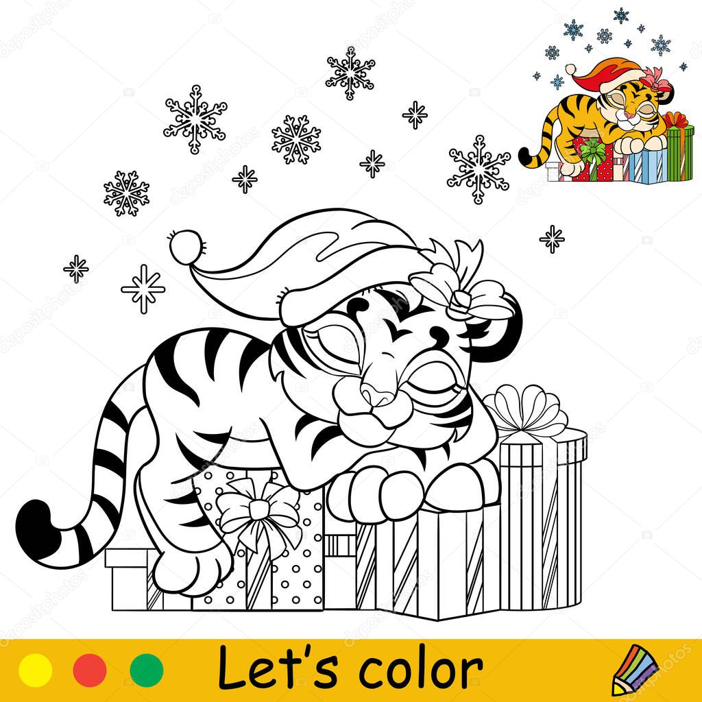 Coloring page with cute tiger cub sleeps on the Christmas presents. Cartoon character. Coloring book with colored exemple. Outline vector illustration. For education, print, game, decor, puzzle.