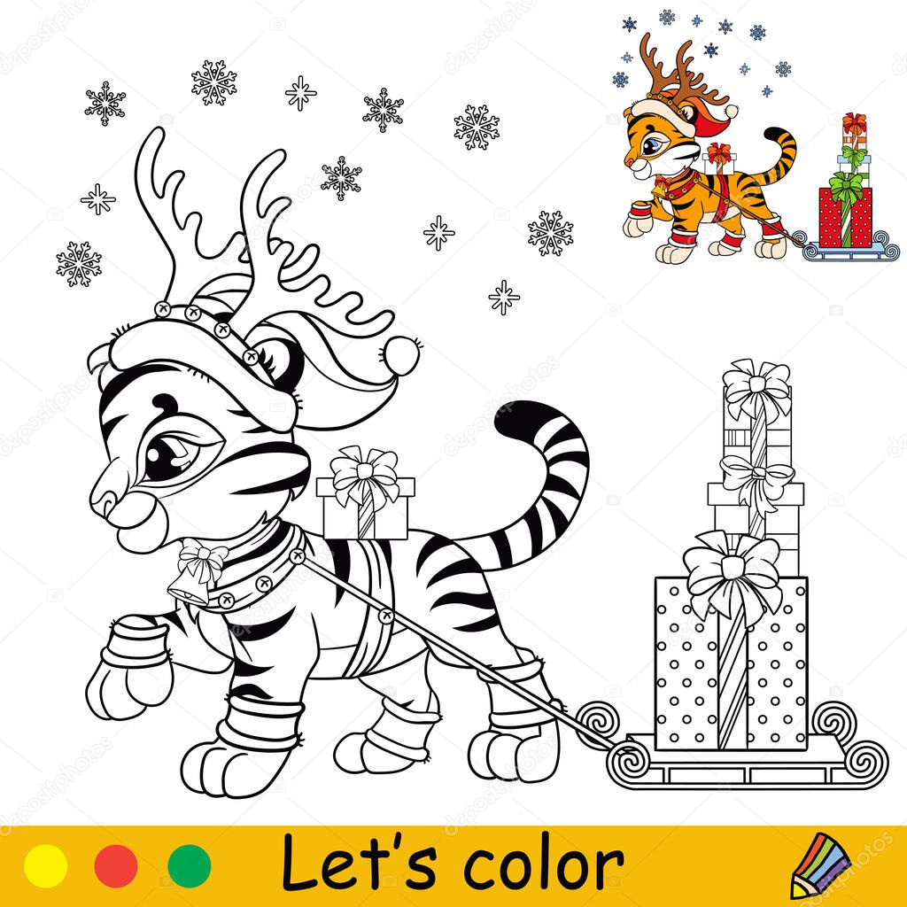 Coloring page with Christmas cute tiger cub carries gifts on a sleigh. Cartoon character. Coloring book with colored exemple. Outline vector illustration. For education, print, game, decor, puzzle.
