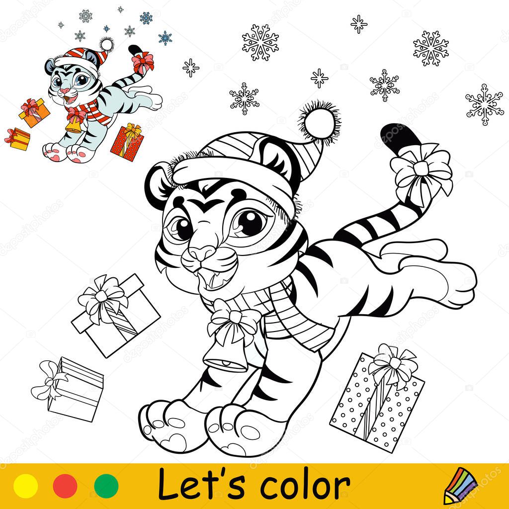 Coloring page with cute running tiger cub and Christmas presents. Cartoon character. Coloring book with colored exemple. Outline vector illustration. For education, print, game, decor, puzzle.