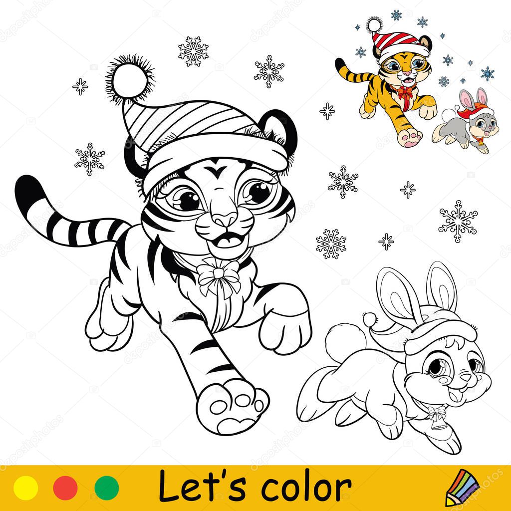 Coloring page with cute Christmas tiger cub runs with rabbit. Cartoon character. Coloring book with colored exemple. Outline vector illustration. For education, print, game, decor, puzzle.