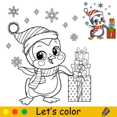 Coloring cute Christmas penguin boy with presents vector clipart