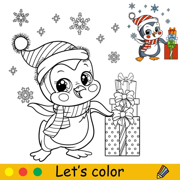 Coloriage mignon pingouin de Noël garçon avec vecteur cadeaux — Image vectorielle