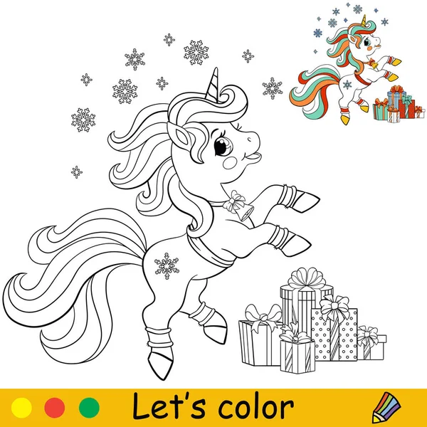 Colorear lindo feliz Navidad unicornio vector ilustración — Vector de stock