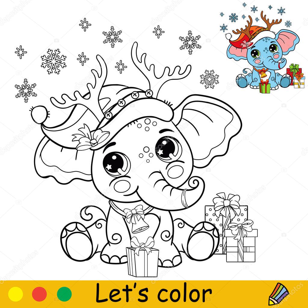Coloring cute happy Christmas elephant vector illustration
