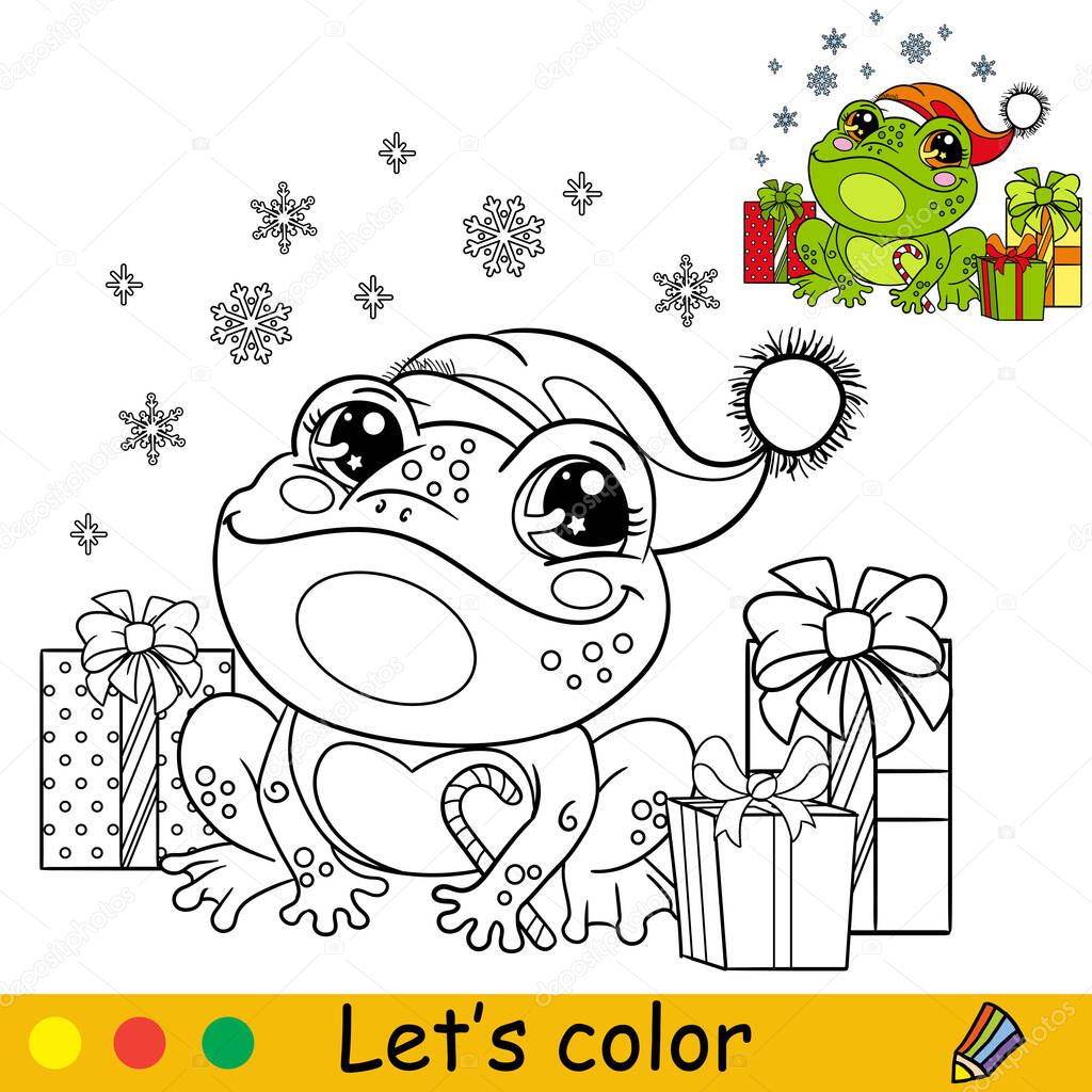 Coloring cute happy Christmas frog vector illustration