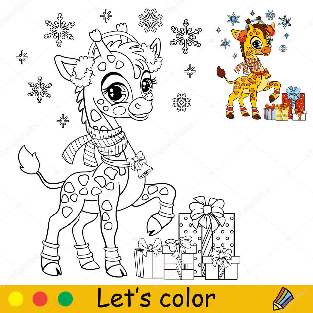 Coloring cute happy Christmas giraffe vector illustration